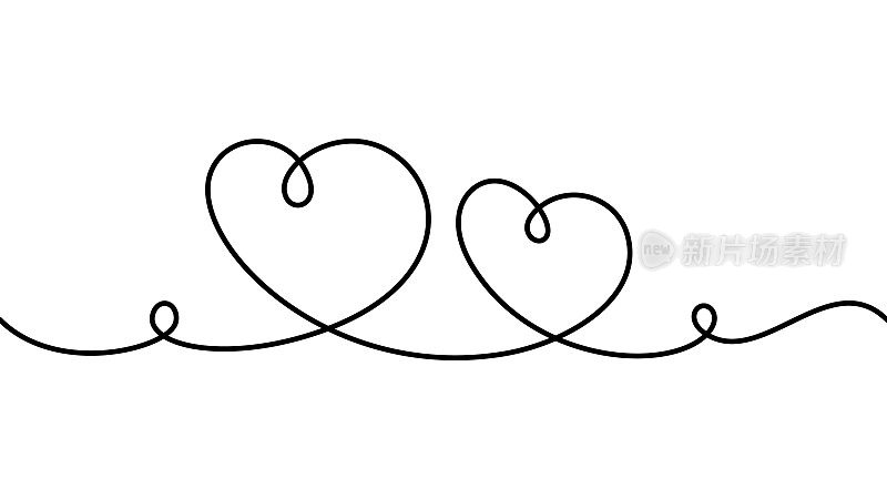 Two hand drawn doodle hearts. Continuous seamless line art drawing.